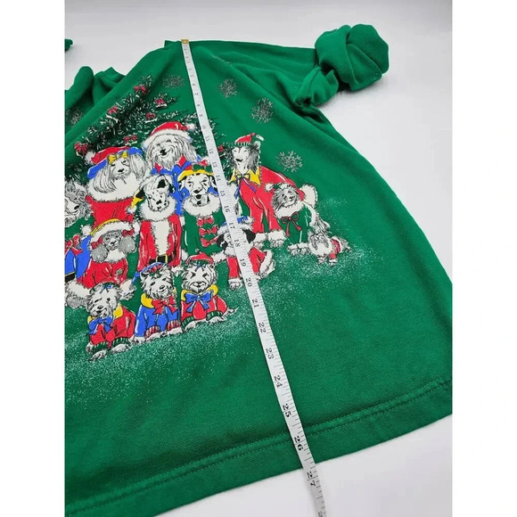 Vtg 90s Women's Green Christmas Santa Dogs Holiday Crewneck Sweater - Picture 6 of 8